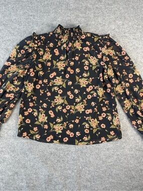 1.STATE Black Floral Ruffle Smocked Mock Neck Blouse Women’s Top